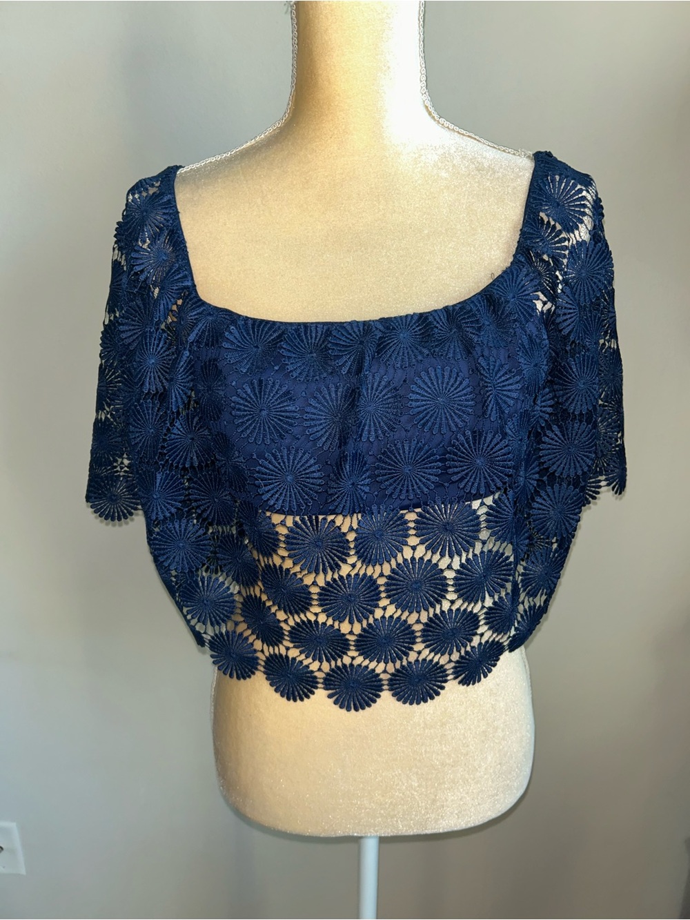 NWT Trina Turk Navy Crochet Floral Lace Swim Bikini Top Sz M